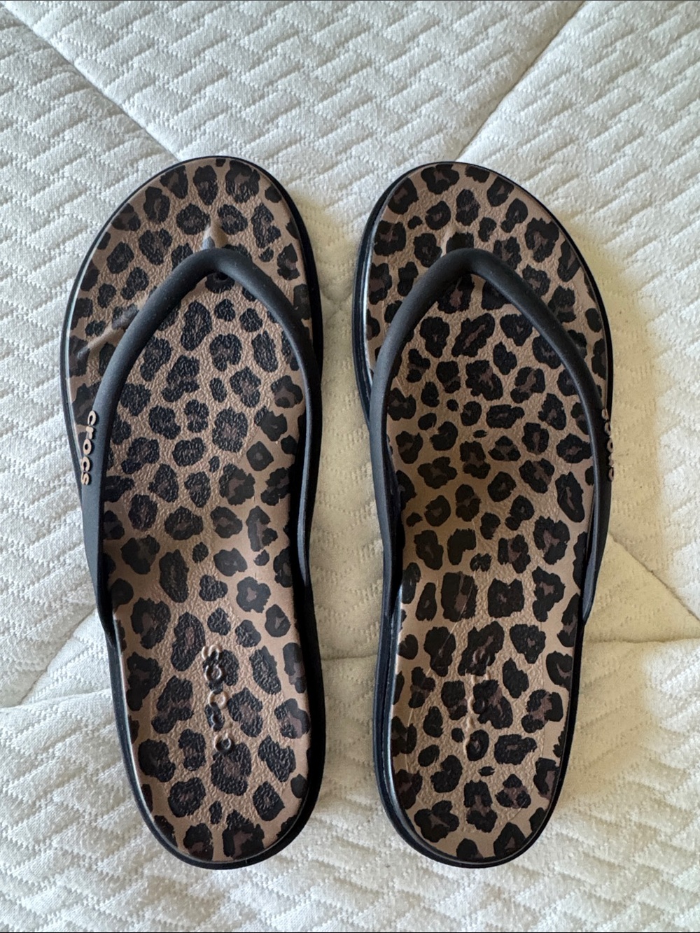 CROCS Leopard Print Flip Flop Sandals in Brown and Black